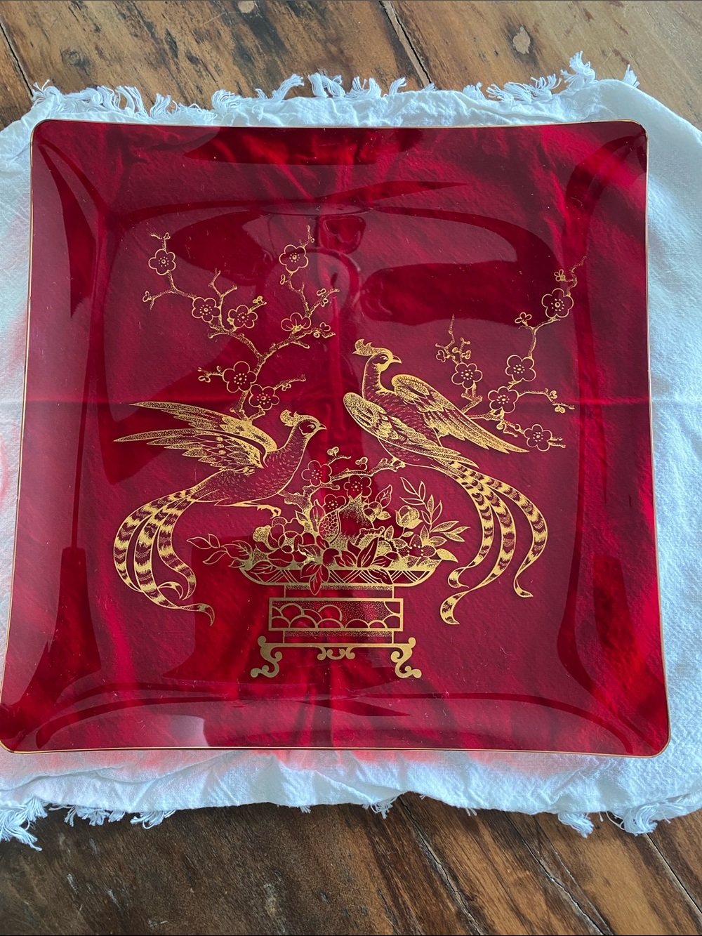 Ruby red glassware tray peacocks gold accents 13”